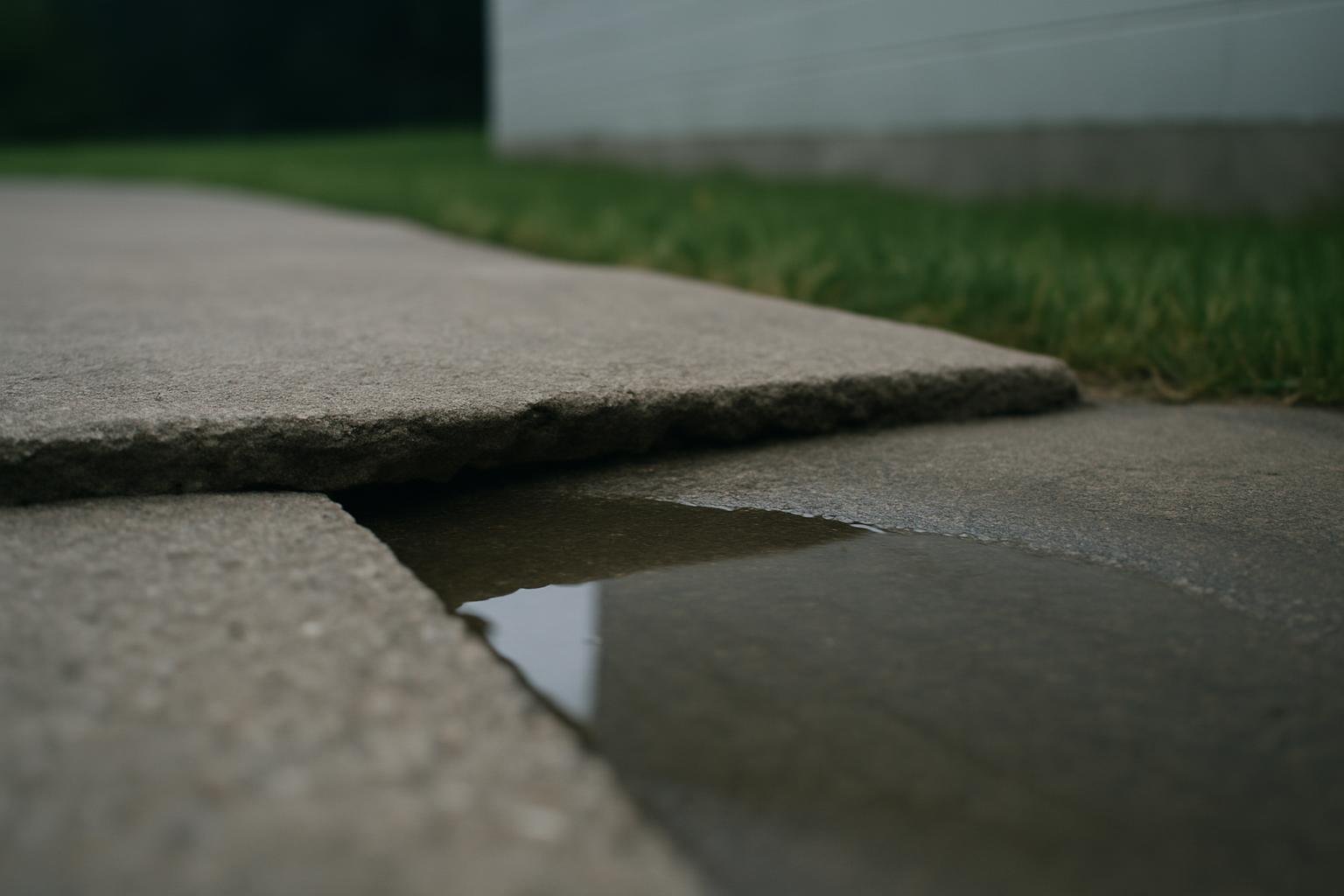Two sections of a concrete walkway where one slab has settled below its neighbor, leaving a step at the joint and a shallow puddle standing on the lower side
