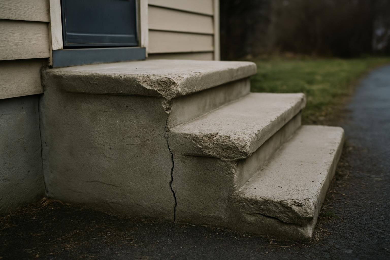 Poured concrete front steps beside a clapboard wall, with a vertical crack running down through the top step and riser and the step edges worn round and crumbling