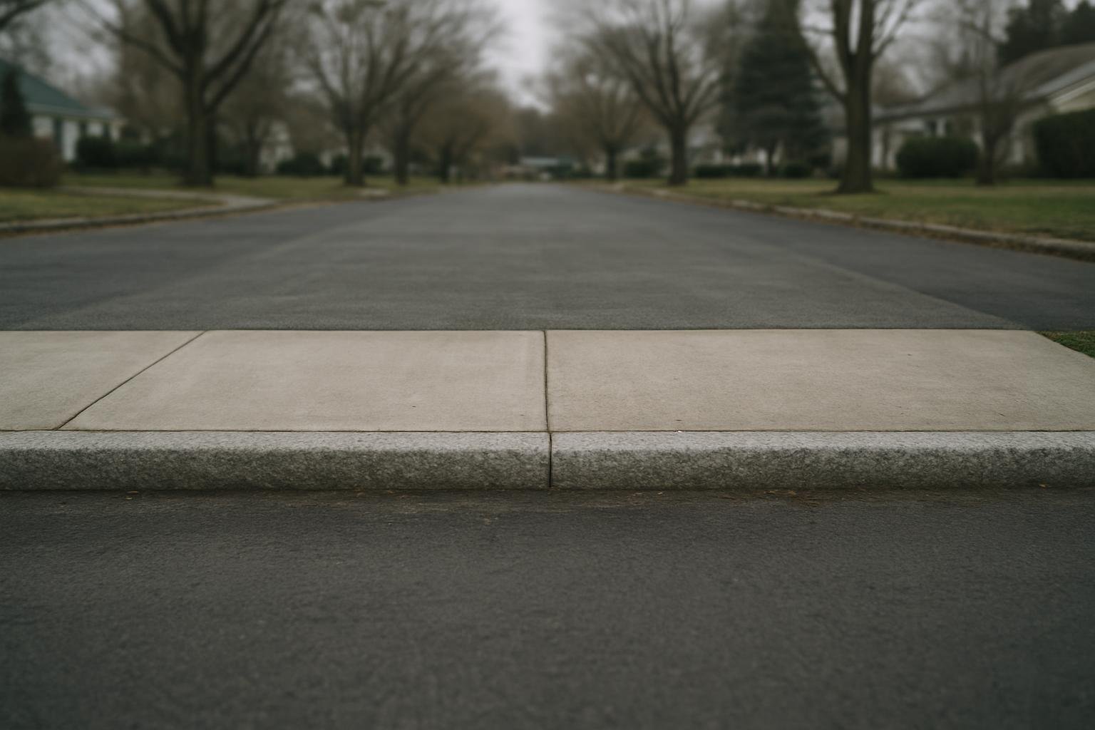 The concrete apron where a residential driveway crosses the granite curb to meet the asphalt roadway, seen at street level on a quiet tree-lined street