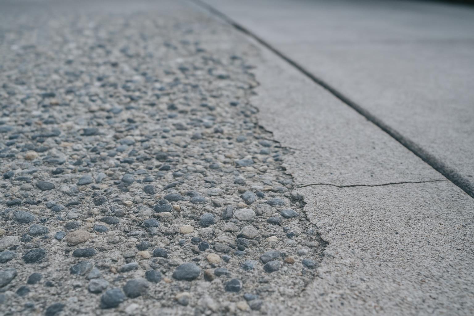 A close view along a concrete driveway where the top layer has worn off across a wide band, leaving rounded aggregate stone standing proud beside the intact surface, with a hairline crack running from the control joint