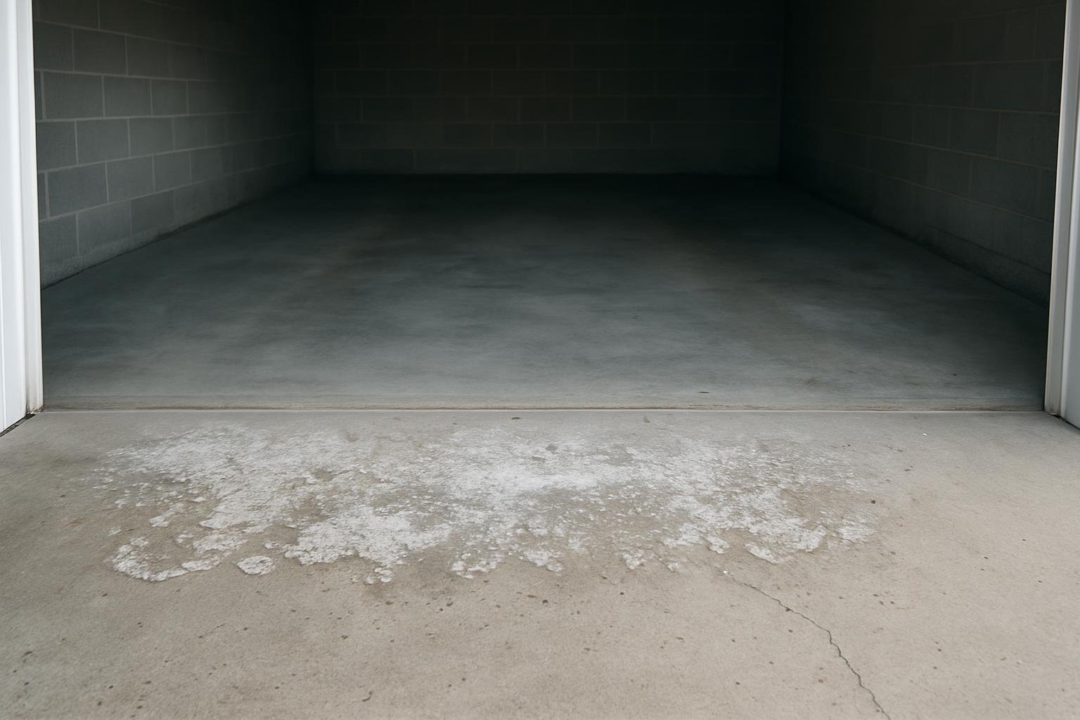 The threshold of an empty block-walled garage, with a heavy bloom of dried salt and a hairline crack across the concrete just outside the door line