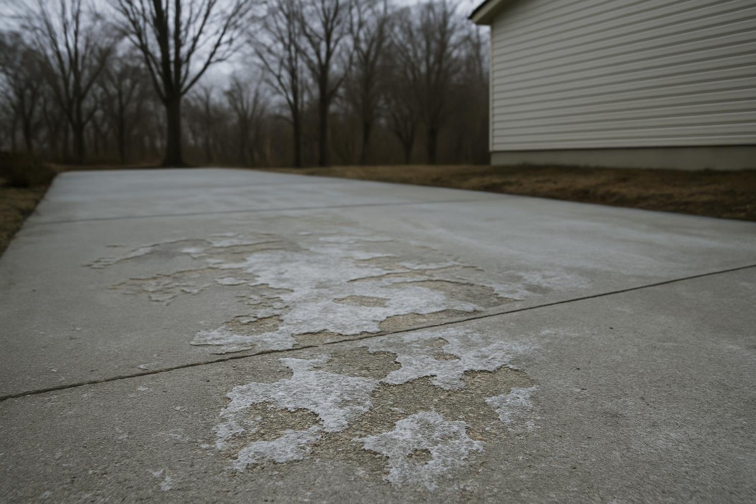 A residential concrete driveway on an overcast winter day, its surface flaked away in patches to expose the sand and stone underneath, with dried white salt residue across the worst of it